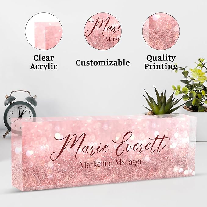 Personalized Name Plate for Desk Custom Acrylic Desk Name Plate Custom Employee Appreciation Gifts Office Gifts for Women, Men, Boss, Coworkers, Teacher, Nurse (B-Pink Crystal)
