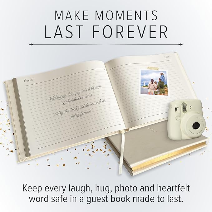 Gallery Leather Guest Book - Great for Wedding, Reception, Baby and Bridal Shower, Birthday Party and Vacation Home - 192 Lined Pages to Sign In, add Polaroid Photo - Hardcover 9x7" - Acadia White