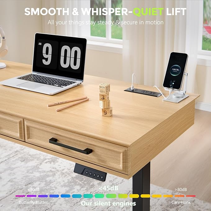 wow97e Electric Standing Desk with 3 Storage Drawers, 55x22 Inch Adjustable Height Office Computer Desk w/One-Piece Desktop & Power Outlets,Sit to Stand Up,Gaming Table for Study and Home, Natural Oak