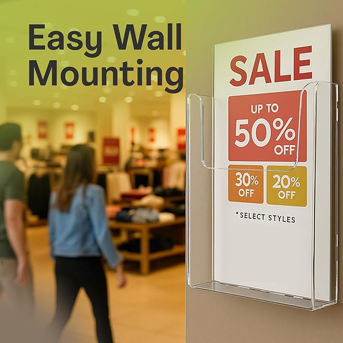 Top Notch Displays Acrylic Brochure Holder for Wall Mounting, Clear Display for 8.5" x 11" Flyers, Literature Holder for Magazines, Pamphlets, Menus, Includes Screws & Plastic Anchors – Pack of 20