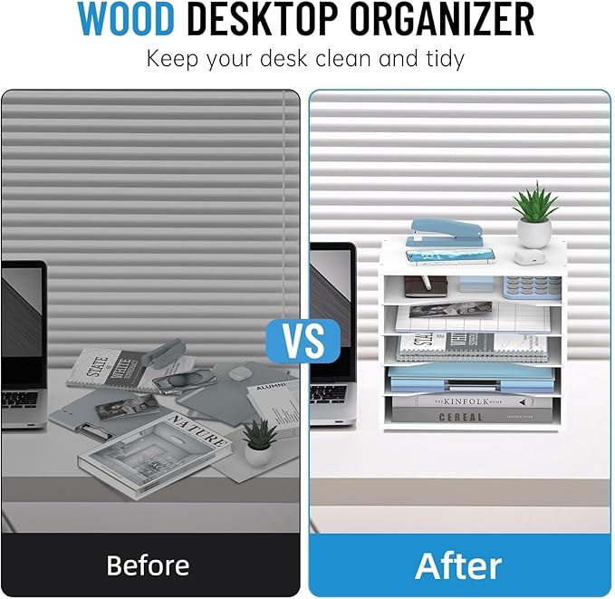 SHARKWOODS 5-Tier Wood Desk Organizer, Paper Tray Organizer for Desk with Adjustable Storage Shelves, Desktop File Organization Paper Sorter Mail Holder for Office Home Classroom, White