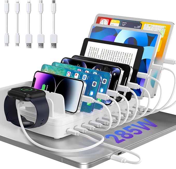 285W Charging Station for Multiple Devices, 10 Ports Fast Multi-Device Charger Organizer Compatible with MacBook Pro Laptop, iPhone, Android, Ipad, Tablet, Kindle, Family Multi-Device Charging Dock