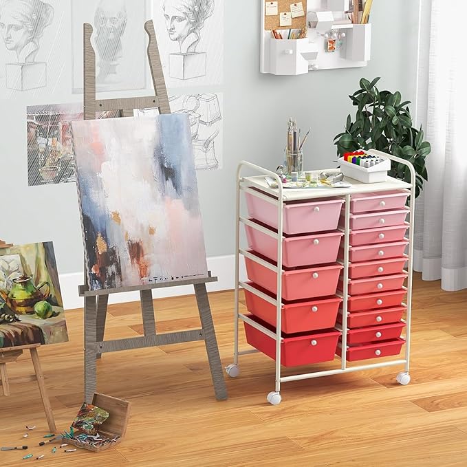 LDAILY 15 Drawer Rolling Storage Cart, Rolling Cart with Drawers for Classroom, Art Supply Craft Organizer on Wheel with Metal Frame & Handles for Home Office School