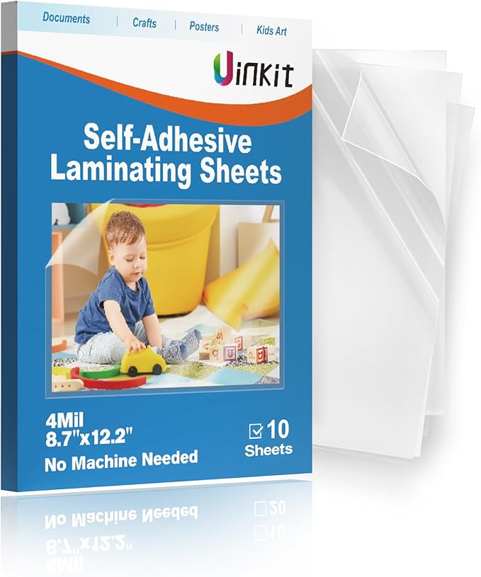 Uinkit 4mil Thicker Self-Adhesive Laminating Sheets, 10Pack Letter Size 8.5x11" - Peel & Stick, No Heat Needed - Dry-Erase Friendly Surface for Reusable Documents, Kids Art, Posters & Crafts