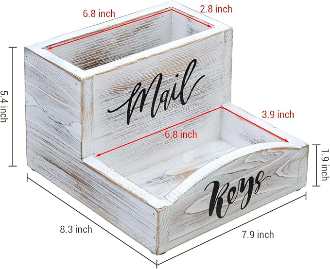 MyGift Shabby Whitewashed Solid Wood Mail Holder and Key Organizer Entryway Storage Tray with Cursive Mail and Keys Word Design, Office Desktop Organizing Bin