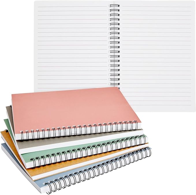 5 Pack 6x8 inch Spiral Journals, Small Notebooks Bulk with 120 Lined Pages for Work, Students, School, Writing (5 Colors Kraft Paper Covers)