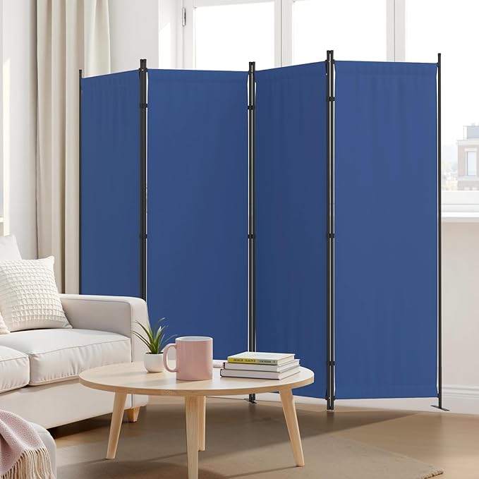 Kecreque Room Partitions and Dividers 4 Panel Portable Wall w/ 3 Wider Feet Folding Room Divider 6FT Privacy Wall Indoor as Dressing Screen for Apartment School Office Children's Separate Rooms,Blue