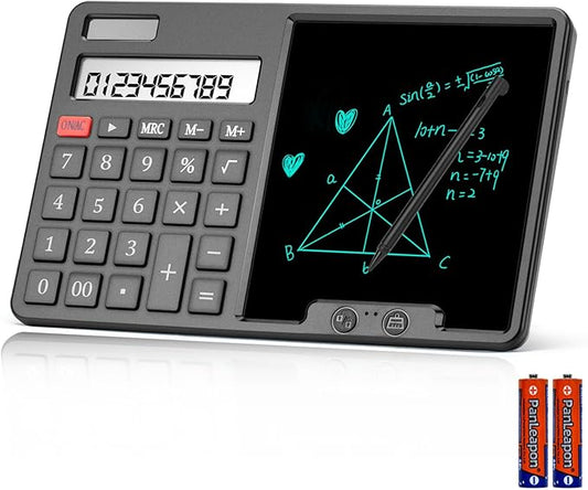 HIHUHEN Calculator with Writing Pad - Solar & Battery Dual Power Supply - 12-Digit Large Display Calculator for Business and Office Use (Black)