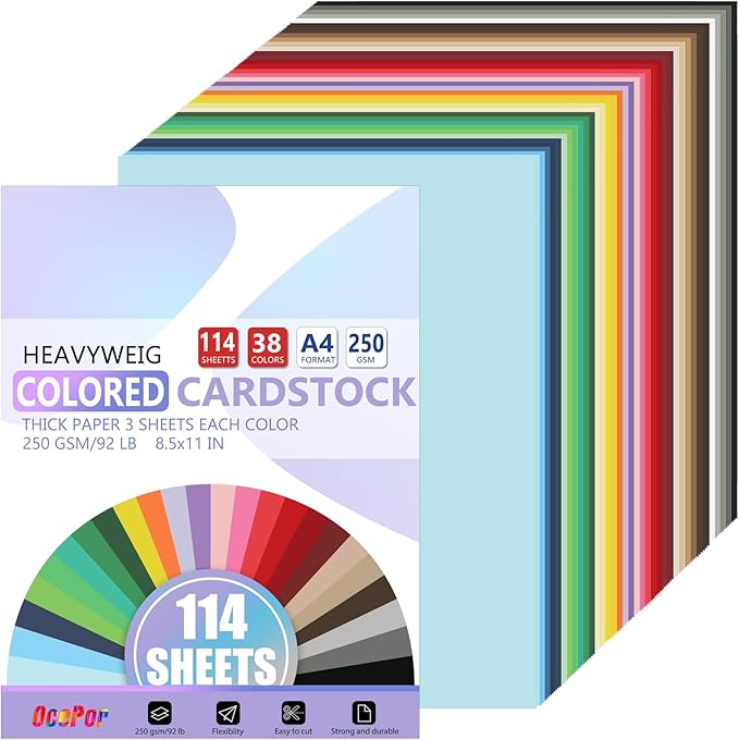 OcePor 114 Sheets Colored Cardstock 38 Colors, 8.5x11 Color Cardstock Bulk, 250gsm/92lb Assorted Colors Construction Paper for Printing, Card Making, Die Cutting, Crafts, Scrapbooking, Party