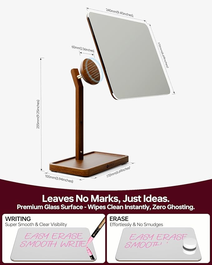YEOUX Premium Desktop Glass Mirror, Dry Erase Board & Magnetic Phone Stand 3-in-1 | 360° Adjustable | Solid Wood | Compatible with MagSafe, Small Whiteboard for Office Home Desk