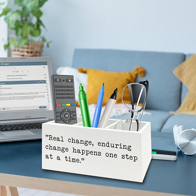 QZQE Inspirational Gifts Pen Pencil Holder Organizer for Desk, Inspirational Gifts for Women Men Wooden Box Signs Decorations for Home Office Desk Tabletop, Motivational Decor
