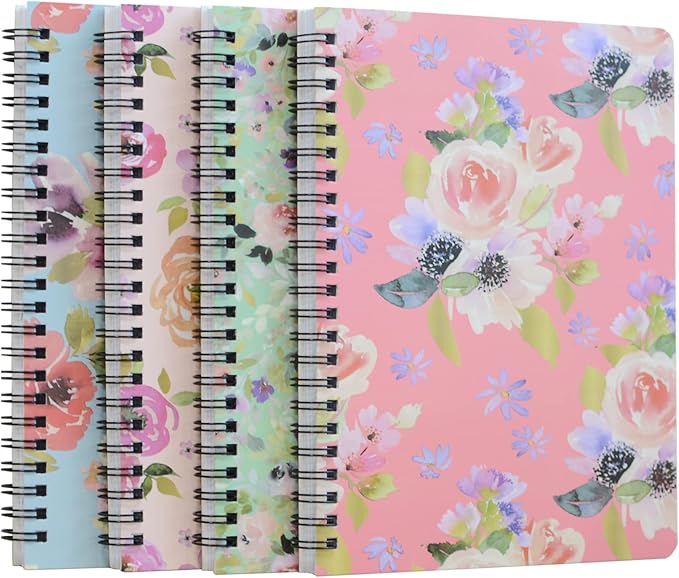 Yansanido Spiral Notebook, 4 Pcs A5 Thick Flower Design Hardcover 8mm Ruled 4 Color 80 Sheets -160 Pages Journals for Study and Notes (flower)