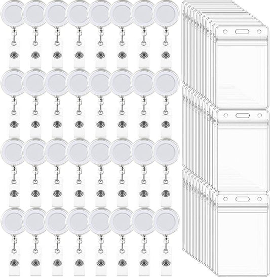 100 Pack Retractable Badge Reel Clips with 100 Pack Vertical ID Card Holders Retractable Badge Holders with Clip ID Badge Clips with Name Card Holder for Nurses Office School,Transparent
