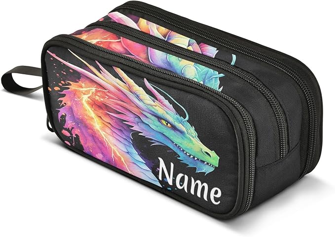 BOENLE Custom Lightning Dragon Watercolor Pencil Case Box Boys Girls Personalized Name Large Pencil Pouch Stationery Pen Bag Organizer for Kids Adults School Office
