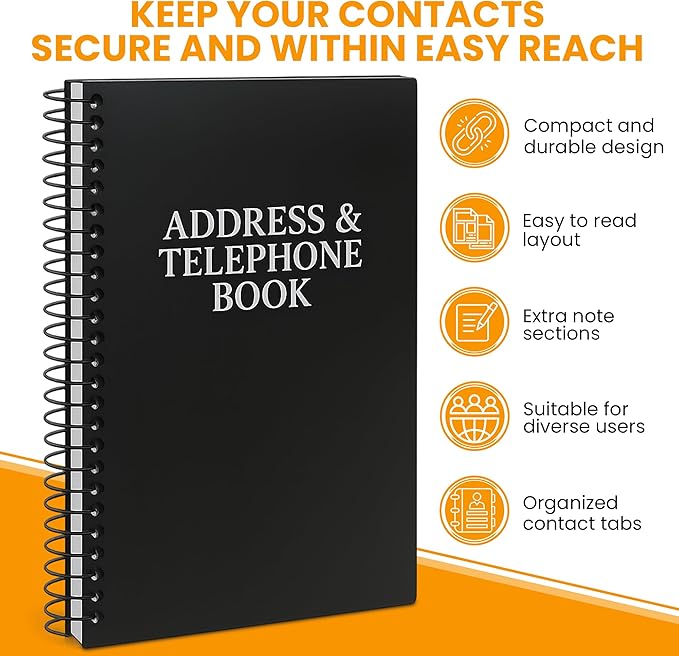 Iconikal Address and Telephone Book, Black, 8 x 5 inches, 2-Pack