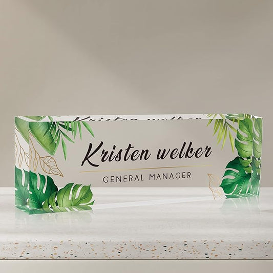 Desk Name Plate Personalized, Custom Name Plates for Desks, Office Desk Decor, Green Leaf Clear Acrylic Glass Block, Personalized Office Gifts for Women Men Boss Teachers Coworkers Appreciation Gifts