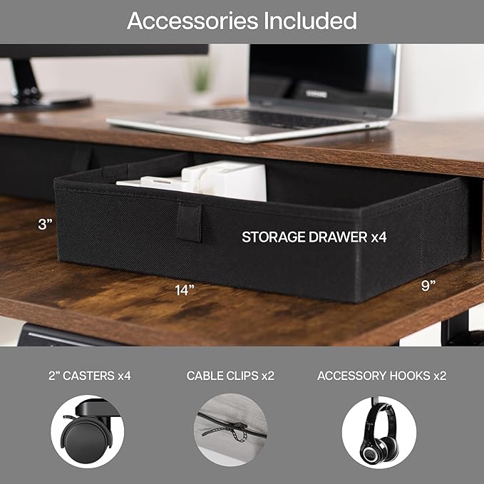 VIVO Electric 2-Tier Corner L-Shaped 63 x 55 inch Standing Desk, Height Adjustable, Memory Controller, Rustic Vintage Brown Top Black Frame, Black Drawers, DESK-E3CVN