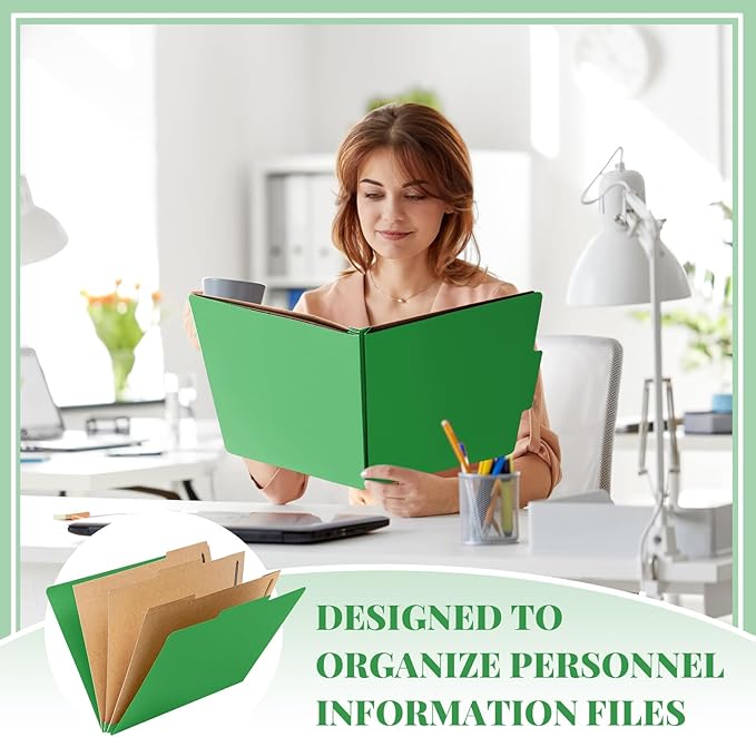 12 Pcs Classification Folders Letter Size 3 Pocket Dividers Employee File Folder with 2 Prongs Fasteners, 2 in Expansion Heavy Duty Pressboard File Holder for School Office Medical Document(Green)