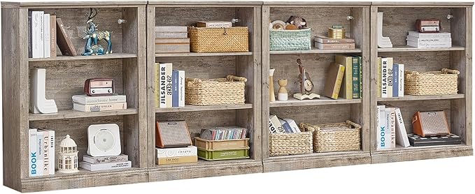 RWYHG 43" Grey Tall Bookshelf Set of 4,3-Tier Thick Wooden Book Shelf with Adjustable Shelves,Free Standing Farmhouse Bookcase with Open Display Storage,Floor Vintage Bookshelves for Living Room