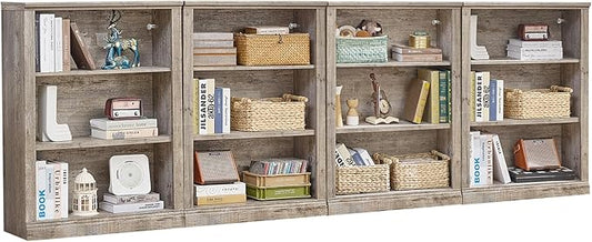RWYHG 43" Grey Tall Bookshelf Set of 4,3-Tier Thick Wooden Book Shelf with Adjustable Shelves,Free Standing Farmhouse Bookcase with Open Display Storage,Floor Vintage Bookshelves for Living Room