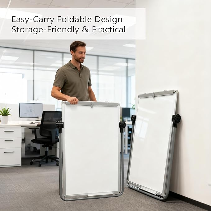 KIZZBY Double Sided White Board with Stand - 36" x 24" Portable Magnetic Flip Easel Whiteboard U-Stand Height Adjustable & 360° Rotation Dry Erase Board for Home Office Classroom