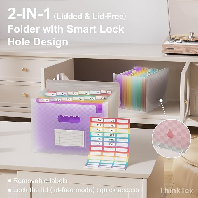 ThinkTex Accordion File Organizer, 12 - Pocket Expanding File Folders for Paper Receipts, Bills&Taxes Organizer, Letter/A4 Size Document Holder for School, Office, Home with Colorful tabs-Purple