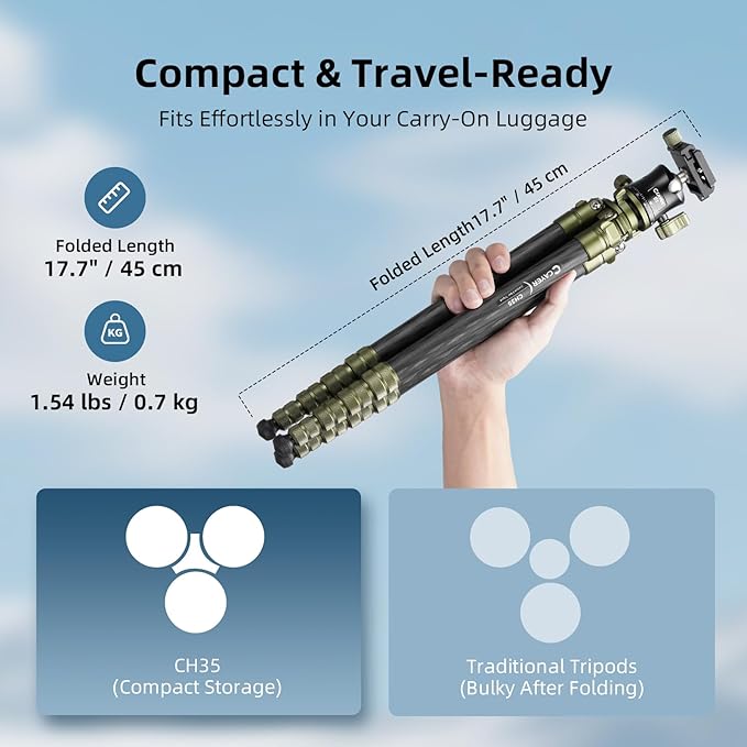 Cayer CH35 Travel Camera Tripod with Ball Head, Compact Carbon Fiber Tripod, 53.6" Compact Camera Stand，Max Load 17.6lbs for Mirrorless Cameras Video Camcorder Mobile Phone Webcam