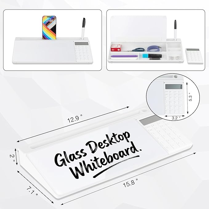 Glass Desktop Whiteboard with Calculator & Storage, Desk Dry Erase Note Memo Board, Compact Desk Organizer for Desk, Office, School Supplies, White, 2026
