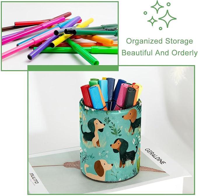 Leather Pen Holder for Desk, Cartoon Sausage Dog Pencil Cup Desktop Organizer Makeup Brush Holders Office Supplies for Home, Kids & School