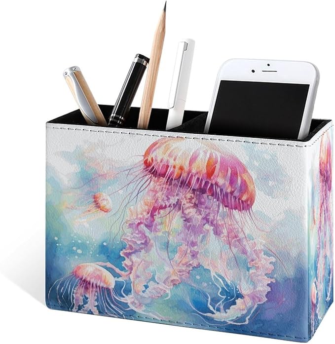 Famame Cute Watercolor Jellyfishes Pencil Holder for Desk, Leather Desktop Container Pen Cup Storage Study Table Pen Organizer Makeup Brush Holder for Classroom Office Home