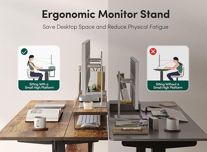 FEZIBO 55" Electric Standing Desk with Shelves, 55 x 24 Inch Sit Stand Rising Desk with Monitor Stand and Storage, Ergonomic Home Office Computer Desk, Rustic Brown