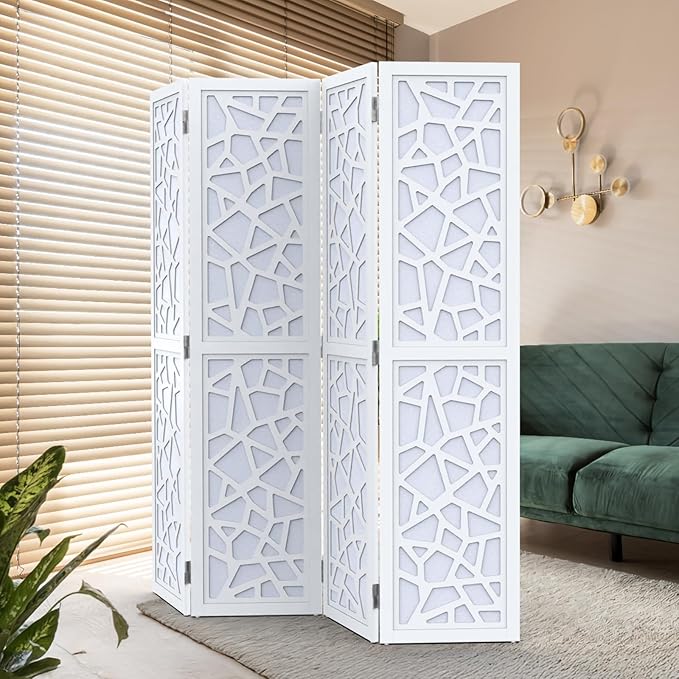VINGLI 70'' H Room Divider, Non-Woven Fabric Privacy Screen, Indoor Partition Wall Dividers, Freestanding Hinged Space Separator with Modern Unique Pattern (White, 4 Panel)