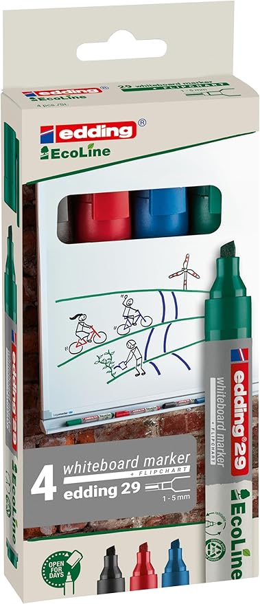 edding 29 Ecoline whiteboardmarker set - zwart, rood, blauw, groen - 4 whiteboardstiften - beitelpunt 1 - 5 mm - boardmarker uitwisbaar - voor whiteboard, flipchart, prikbord, memobord - navulbaar