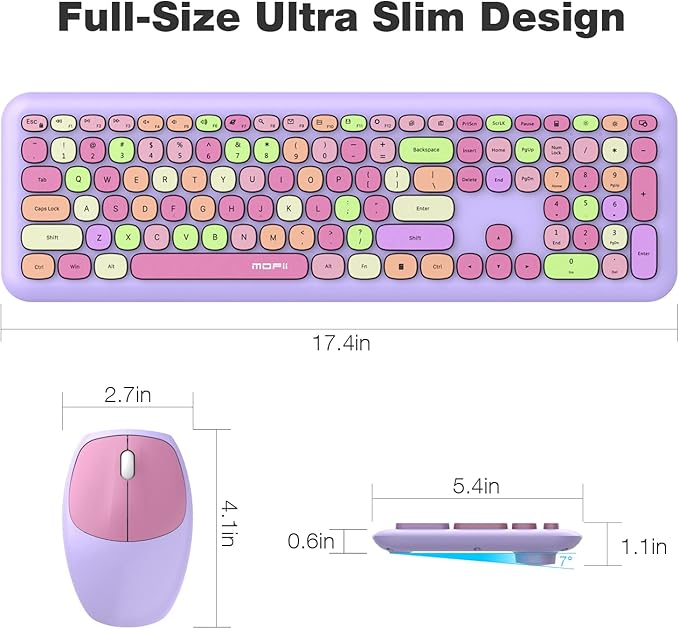 MOFII Wireless Keyboard and Mouse Combo, 2.4G Silent Cordless Slim Full Size Keyboard and Ergonomic Mice Set for Laptop, Desktop, MacBook, PC - Purple Colorful