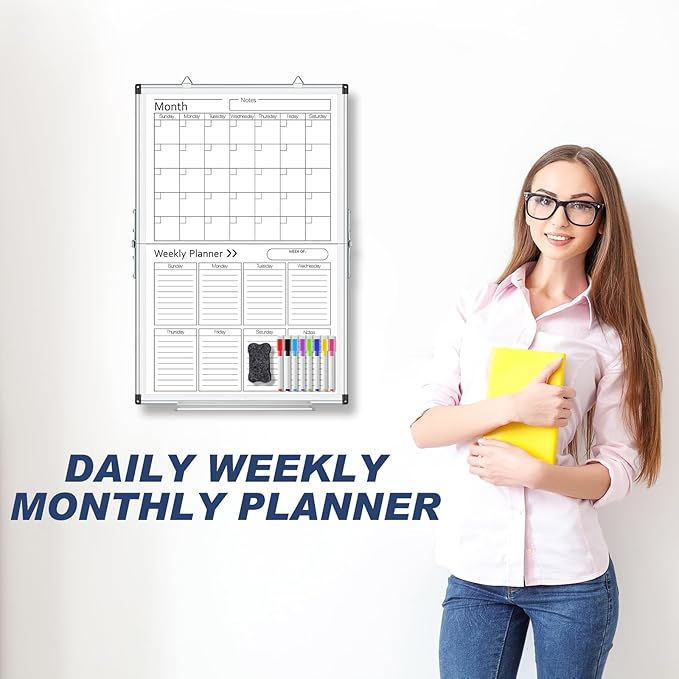 Lincia 24" x 16" Magnetic Vertical Monthly and Weekly Dry Erase Calendar for Wall Undated Horizontal Dry Erase Calendar Planner Aluminum Frame Whiteboard for Home Office Projects Wall Fridge