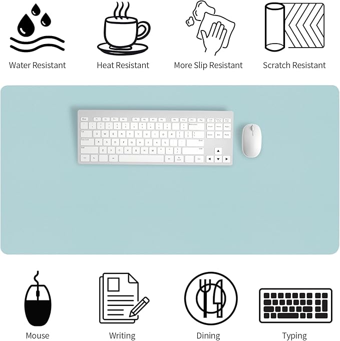 Bloss Light Blue Desk Mat, Large Mouse Pad, Leather Desk Blotter, Waterproof Desk Pad for Office Home Decor/31.5×15.7 Inch