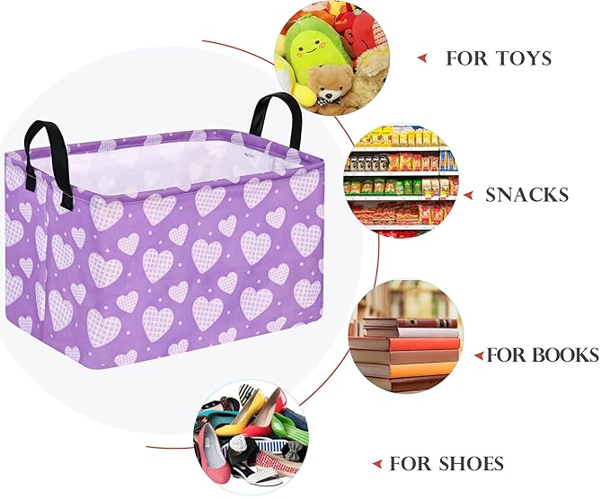 FUULOXE Rectangular Valentines Basket Storage Bin for Shelves Girls Gifts Baskets Foldable Box with Handles for Home Office Car Dormroom Valentine's Day Party Supplies