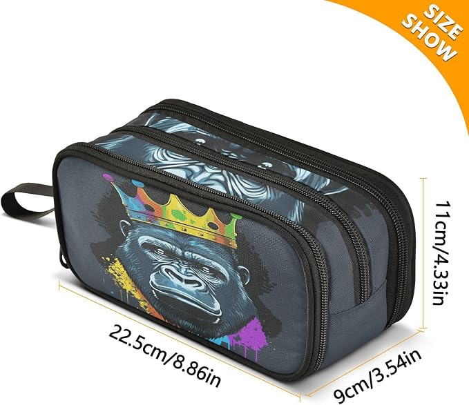 BOENLE Gorilla with Crown Pencil Case Box Boys Girls Large Pencil Pouch with Zipper Compartments Big Capacity Stationery Pen Bag Organizer for Kids Teens Adults School