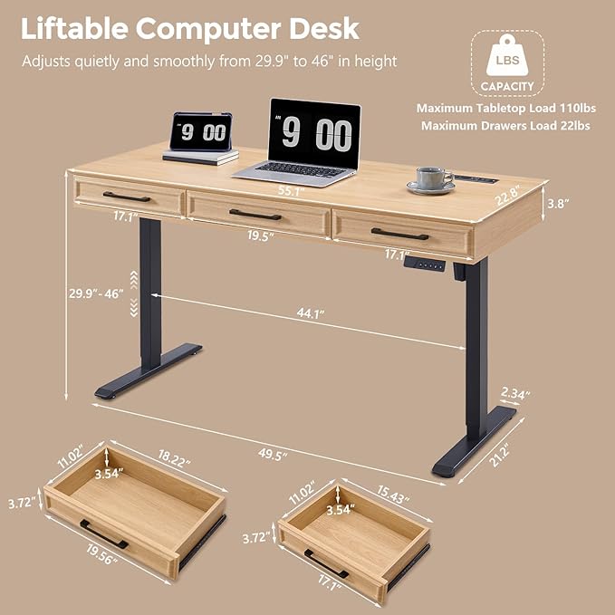 wow97e Electric Standing Desk with 3 Storage Drawers, 55x22 Inch Adjustable Height Office Computer Desk w/One-Piece Desktop & Power Outlets,Sit to Stand Up,Gaming Table for Study and Home, Natural Oak