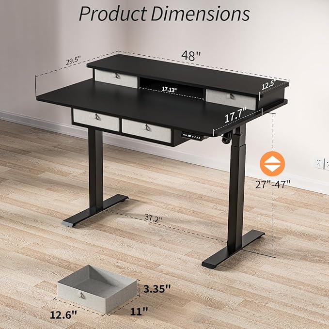 Kingant 48 x 30 Inch Electric Standing Desk with 4 Drawers, Adjustable Height Computer Desk for Home Office, Large Workstation Sit Stand Up Desk with Built-in USB A/C Charging Ports, Black