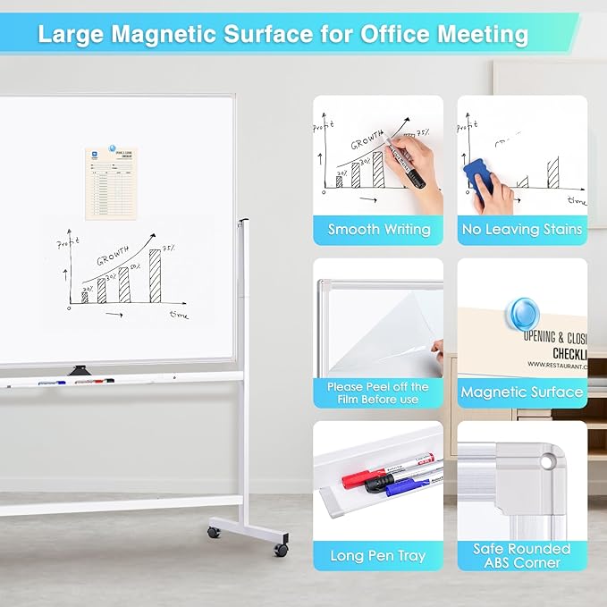 maxtek Rolling Whiteboard 60x48, Large Double-Sided White Board Dry Erase on Wheels, Giant Magnetic White Board Standing for Office, School, Home Office, Homeschool (Sliver)