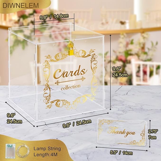 DIWNELEM Acrylic Wedding Card Box with Lock String Light Clear Large Card Box for Wedding Letter Box Envelope Box Acrylic Gift Card Box Money Box for Party Birthday Reception