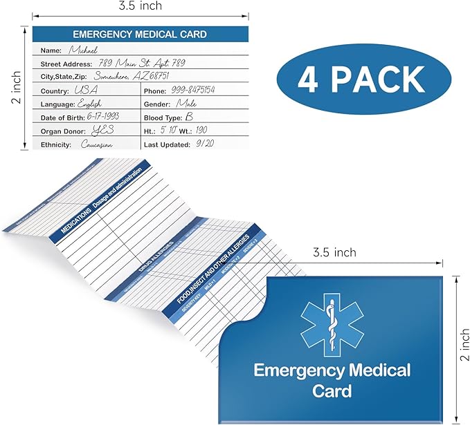 4 Pack Emergency Medical Information Id Card Red Medical Condition and Emergency Contact Id Wallet Card Medical Alert Wallet Card Pocket Size Medication List and Medical Cards for Caretakers (Blue)