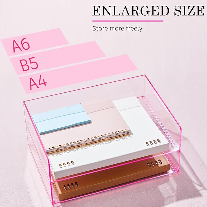 Harloon 4 Tier Acrylic Paper Tray 12.4 x 8.7 x 2.7 Inches Stackable Letter Clear Organizer No Need to Assemble Acrylic Paper Organizer File Tray for Office Workspace Desktop Storage(Transparent Pink)