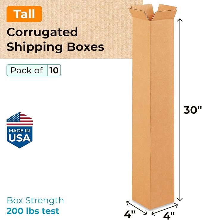 Tall Moving & Shipping Boxes 4x4x30 inches (10-Pack) - Extra Strength 200 lb vs Regular - Corrugated Strong Boxes for Packaging Moving - Box for Shipping, Made in USA - Tall Box by IDL Packaging
