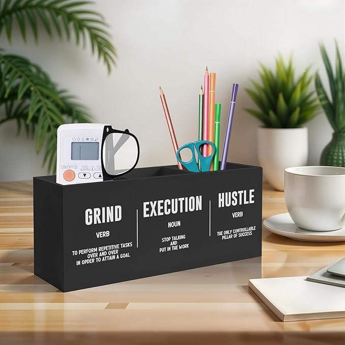 Exqcom Inspirational Office Pen Pencil Holder, Inspirational Gifts for Coworkers Colleague, Grind Execution Hustle Positive Quotes Organizer for Home Office Desk Accessories