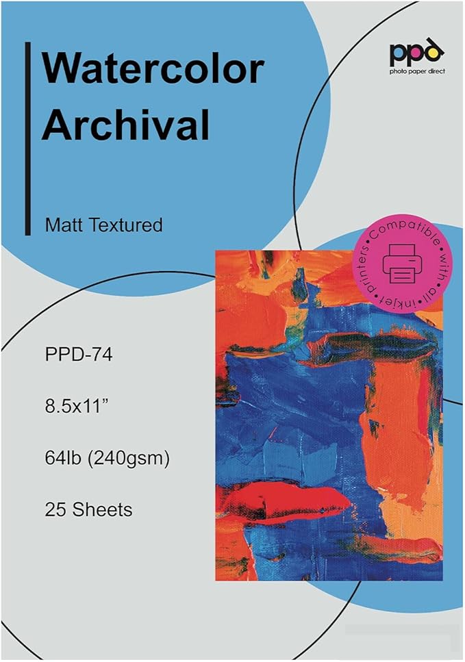 PPD Watercolor Printer & Printable Fine Art Paper for Inkjet Printer, Textured Giclee Archival Acid Free Paper 8.5 x 11, Professional Grade, Heavyweight 240 gsm/64 lb (25 Sheets)`