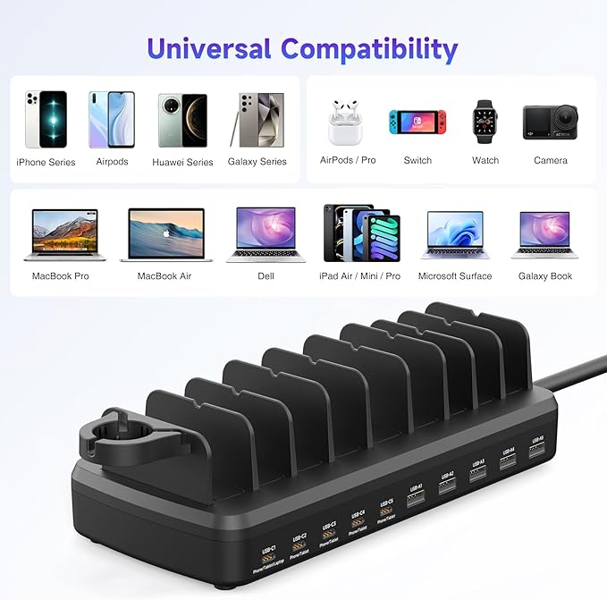 285W Charging Station for Multiple Devices, 10 Ports Fast Multi-Device Charger Organizer Compatible with MacBook Pro Laptop, iPhone, Android, Ipad, Tablet, Kindle, Multi-Device Charging Dock（Black）