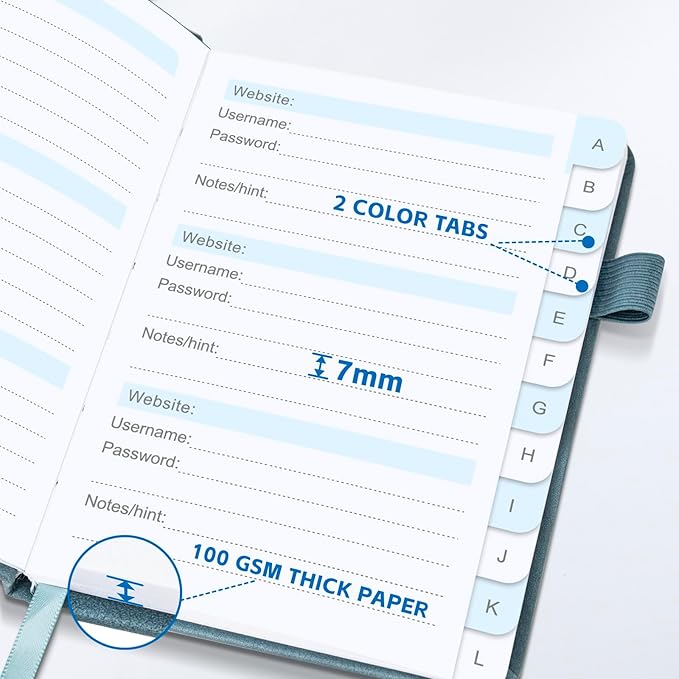 Password Keeper Book with Alphabetical Tabs，4.3"x5.7" Small Password Books for Seniors Password Notebook for Internet Website Address Log in Detail (Blue)