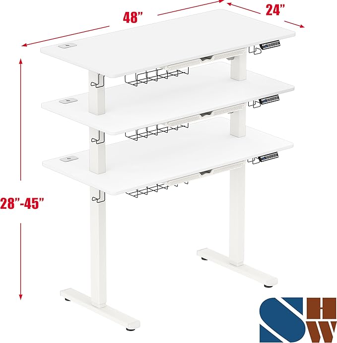SHW 48-Inch Electric Height Adjustable Standing Desk with Drawer, Memory Preset and Cable Management Tray, White
